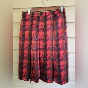 CARLISE vintage 100% silk skirt pleated pink houndstooth button front sz 12 MINT